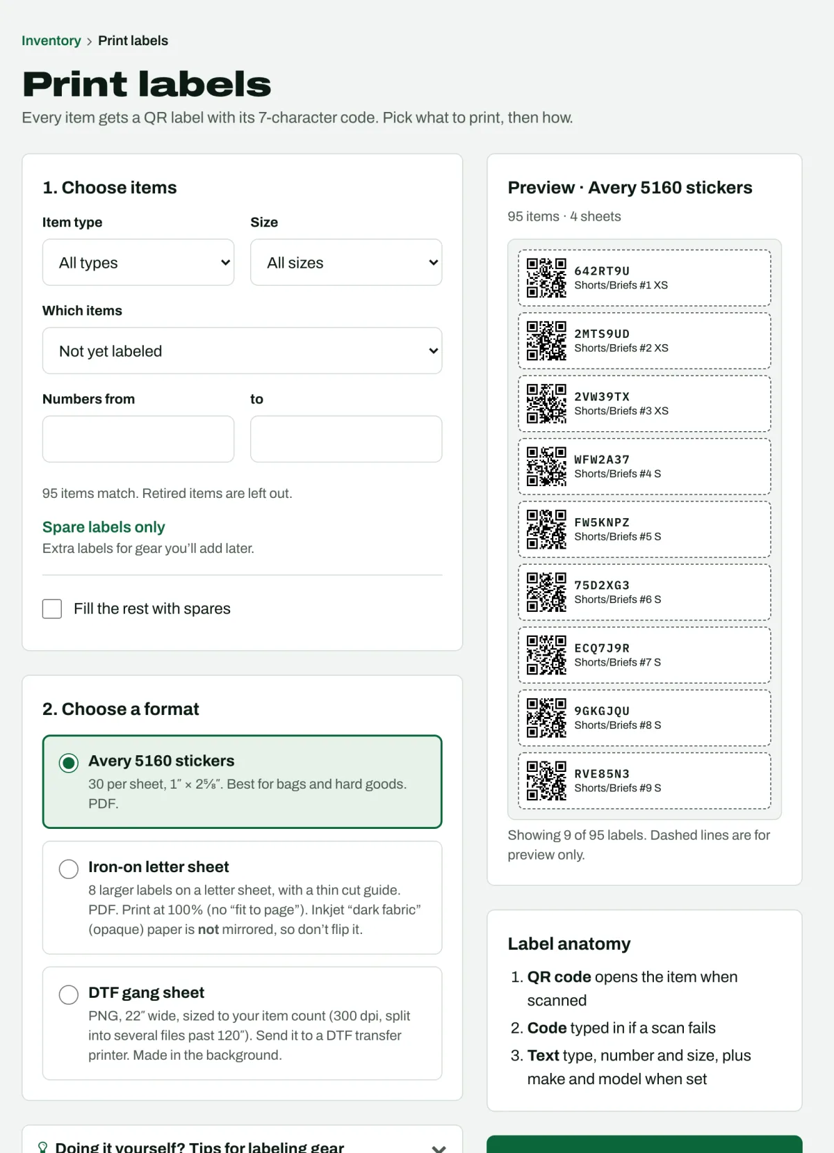 Print labels page with a preview of Avery 5160 QR stickers and the three label formats
