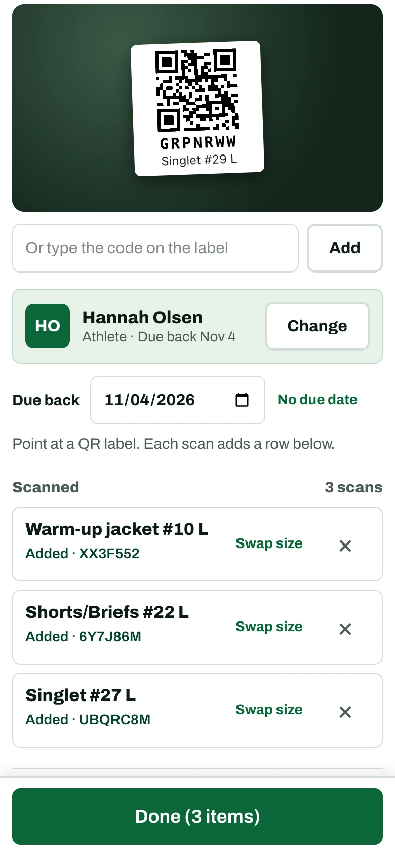 Gear scanner on a phone with the camera on a QR label, issuing a singlet, shorts and a warm-up jacket, all size L, to Hannah Olsen