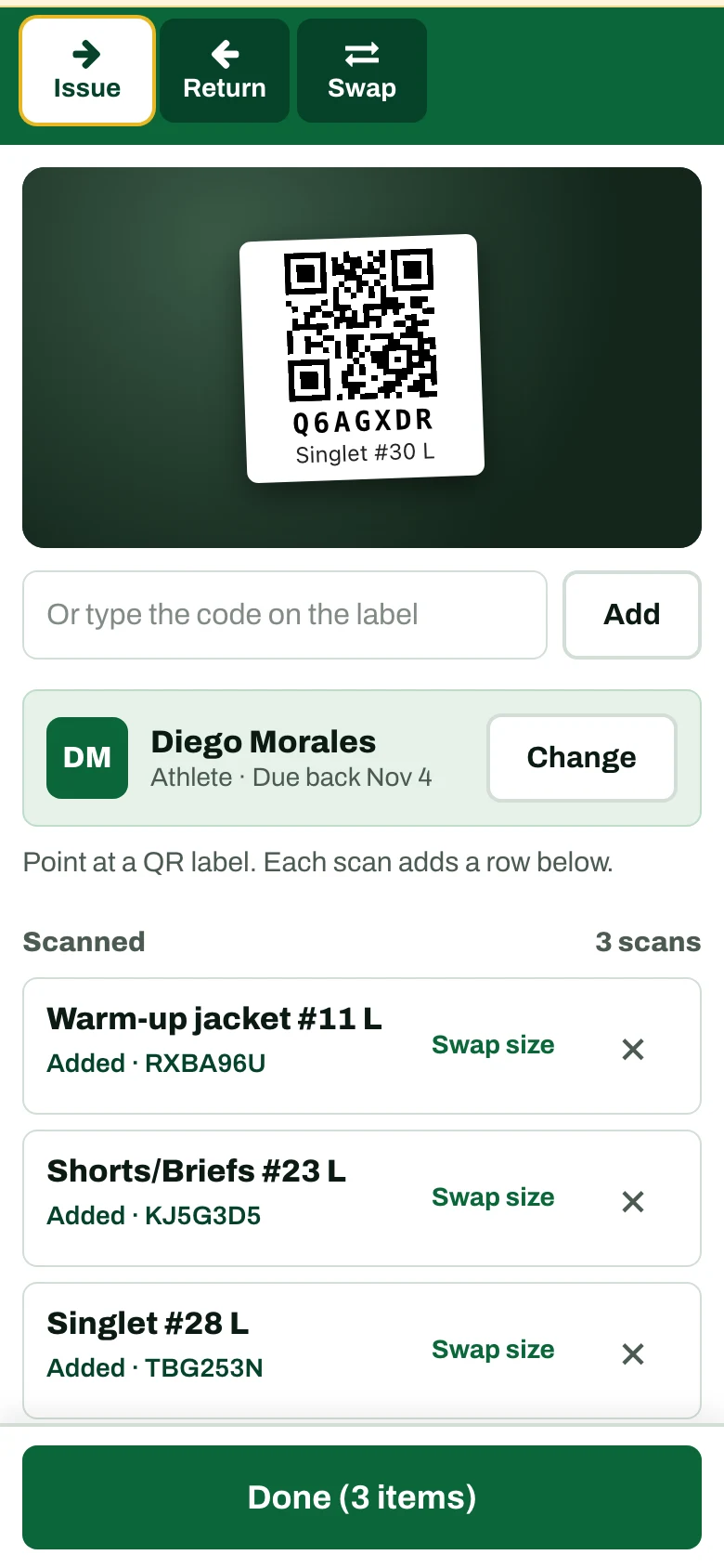 Volunteer scanner on a parent's phone with the volunteer access banner, the camera on a QR label and three items for Diego Morales.